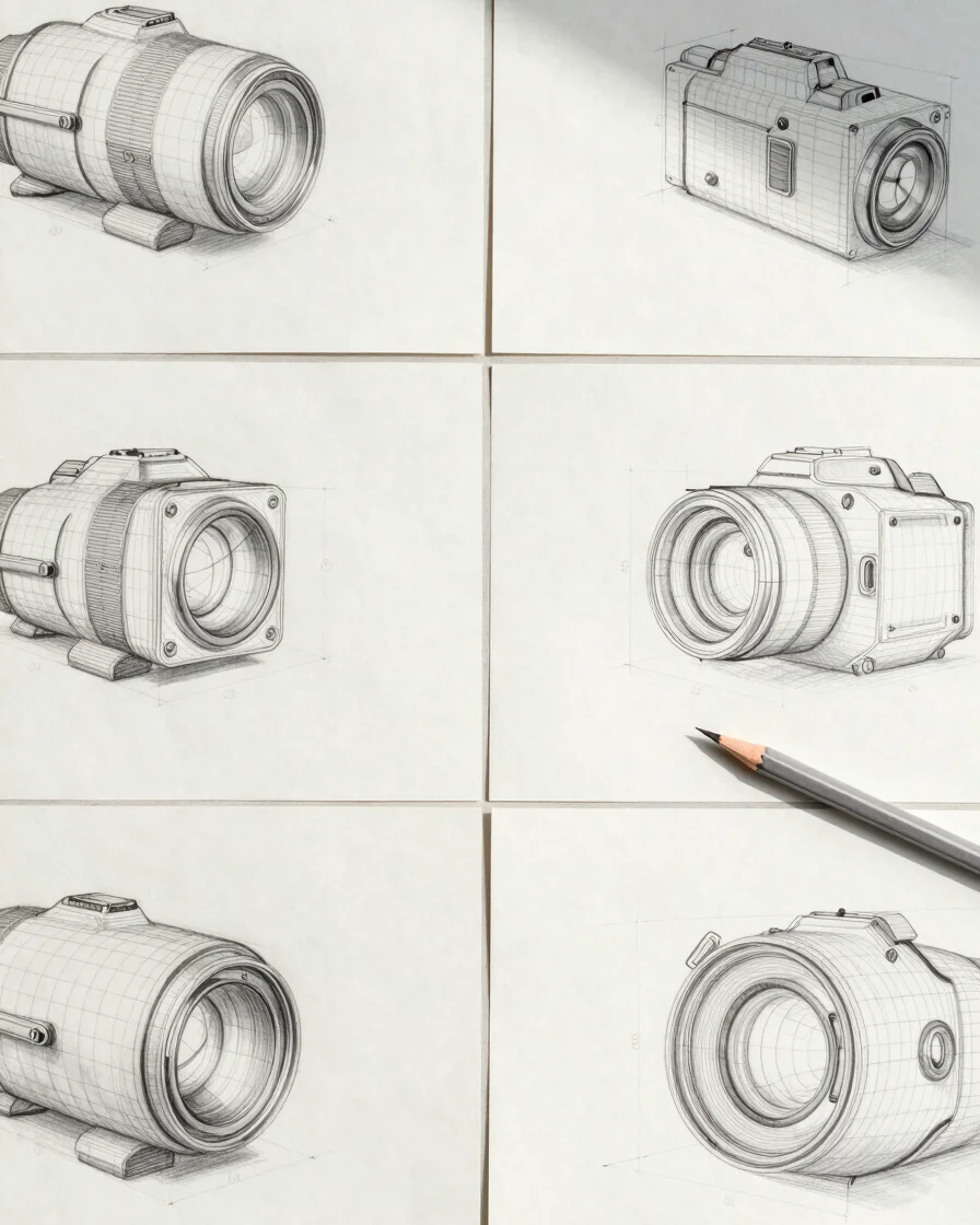 Top-down flatlay of modern wireframe sketches on off-white paper, sharp pencil, overcast daylight casting crisp shadow l