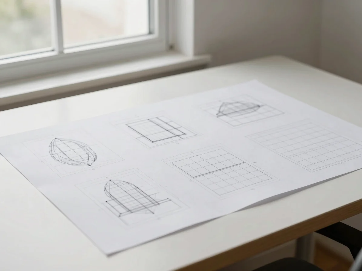 Clean wireframe sketches and modern layout grids on an off-white drafting table, soft overcast daylight from a side wind