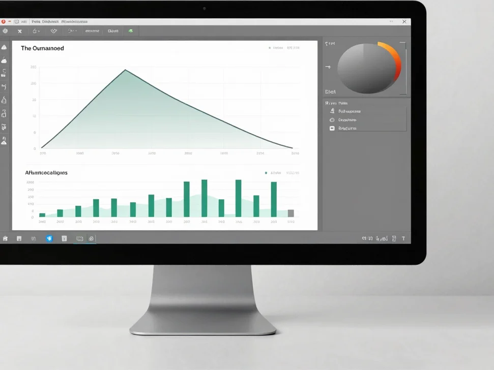 Abstract geometric interface metrics and clean performance graphs on a neutral gray monitor