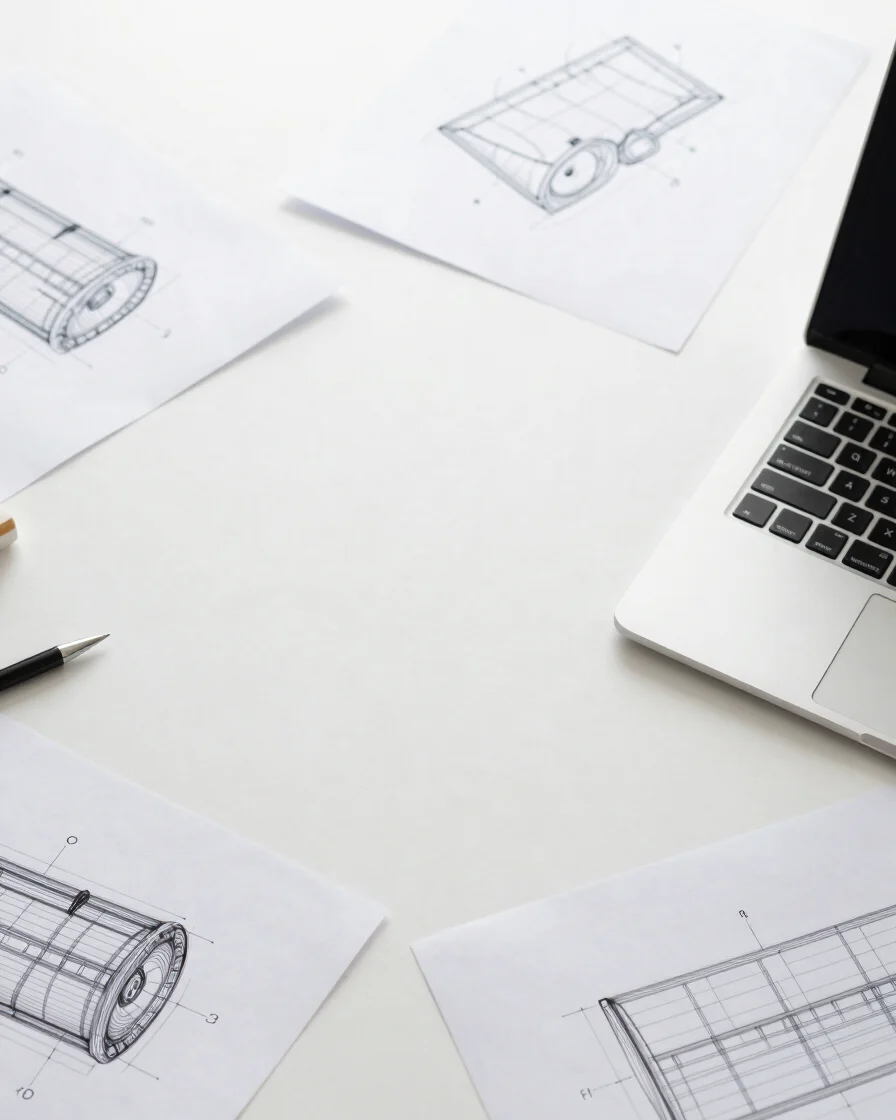 Top-down flatlay of modern workspace surface with wireframe sketches and crisp typography details, soft overcast dayligh